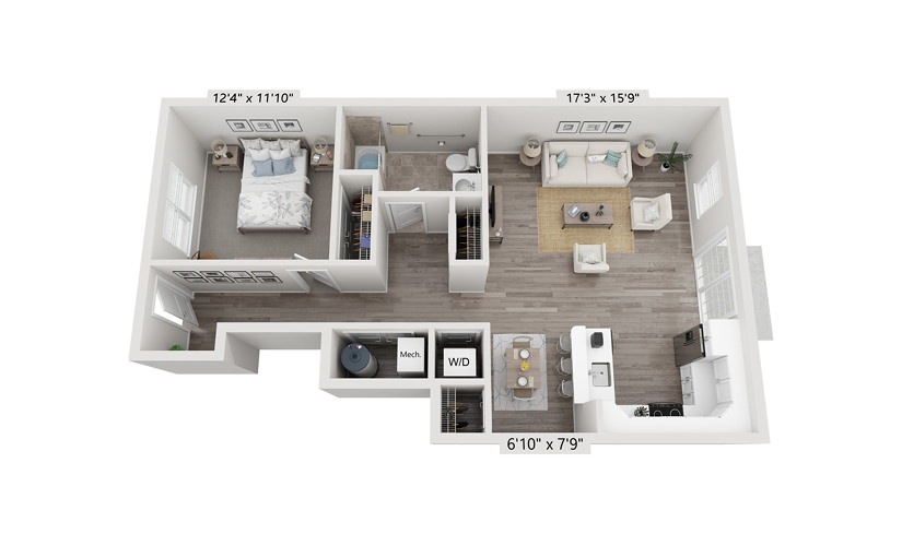 Unit 1A 1 Bedroom 1 Bath Floorplan