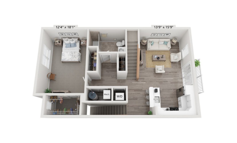 Floor plan for the first floor of a one bedroom apartment at The Cornerstone Hauppauge 55+ Apartments on Long Island.