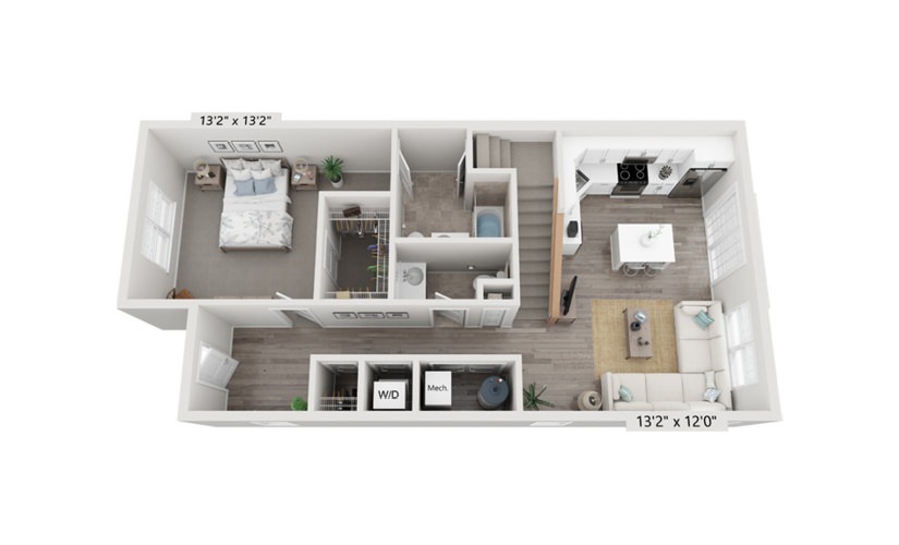 Floor plan for the first floor of a one bedroom apartment at The Cornerstone Hauppauge 55+ Apartments on Long Island.